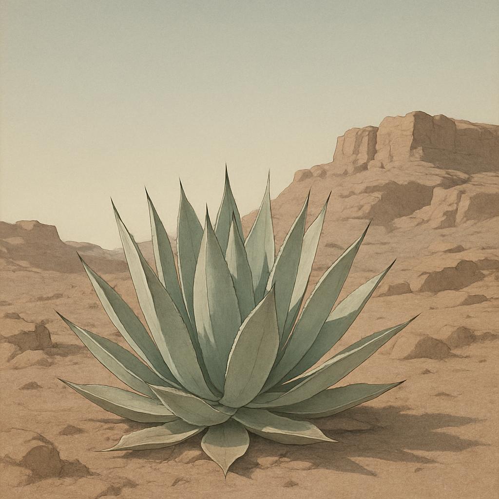 A desert landscape with a large, spiky agave plant in the foreground and rocky hills in the background, now featuring a ro...