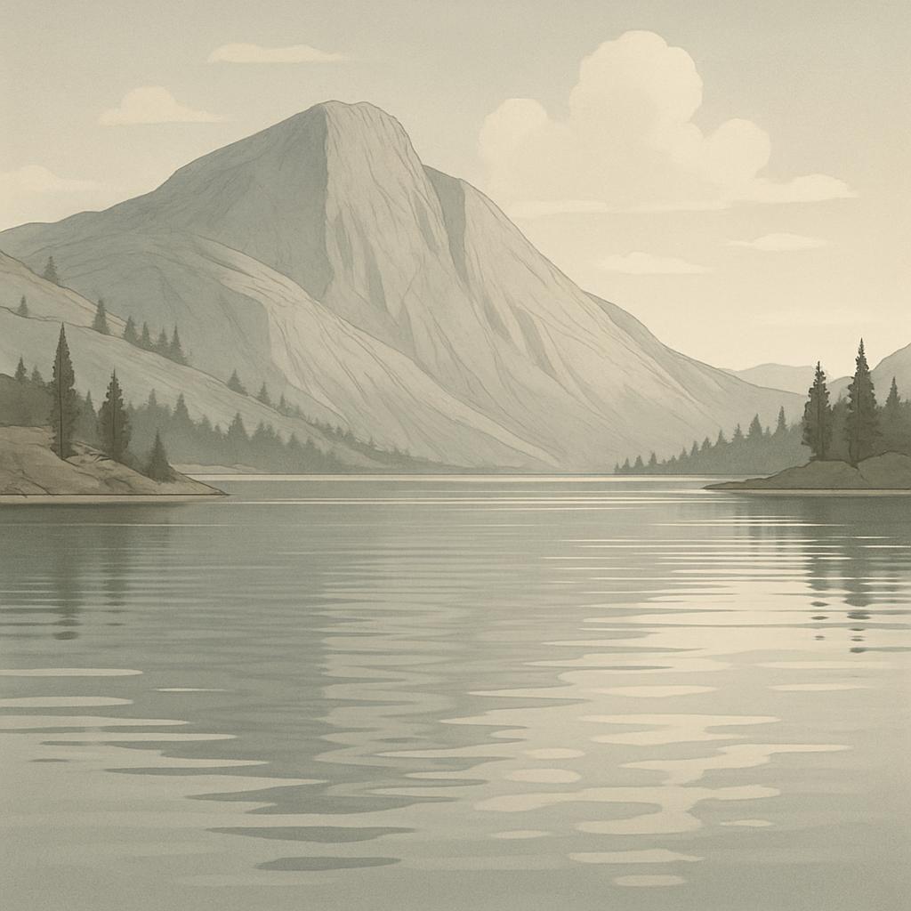 "Mountain lake with a misty landscape, mountains reflected, simple monochromatic painting style".