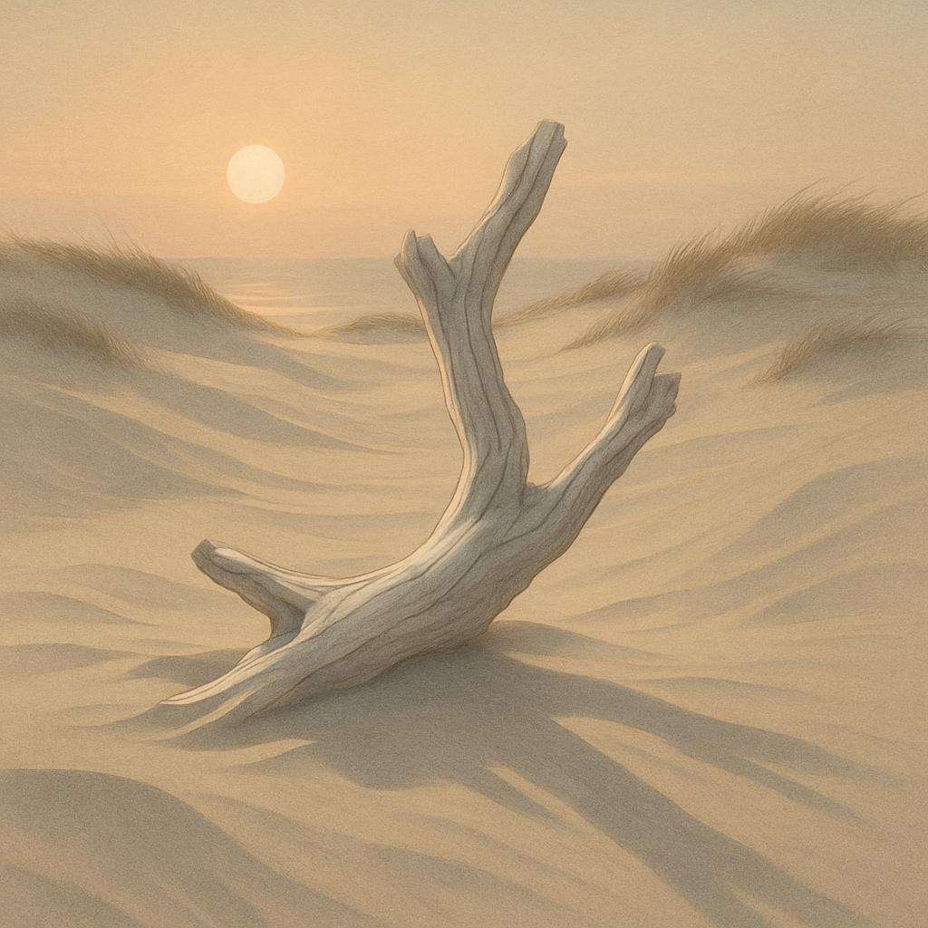 A sunset in the desert, featuring a tree branch. Beige, parchment-style background, sun setting low in orange sky, desert ...