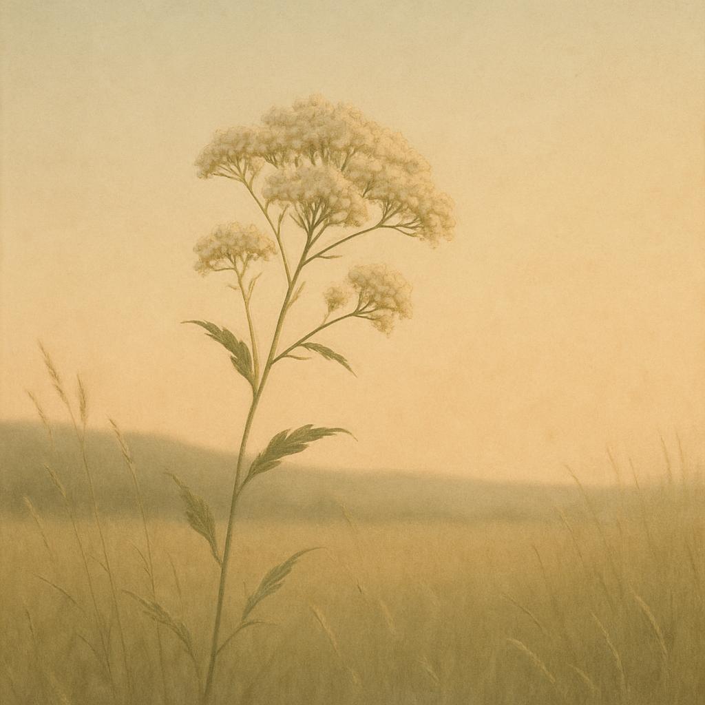 A close up of tall flowering grass or plant in an open field or meadow, faded grass in the foreground, the background fadi...